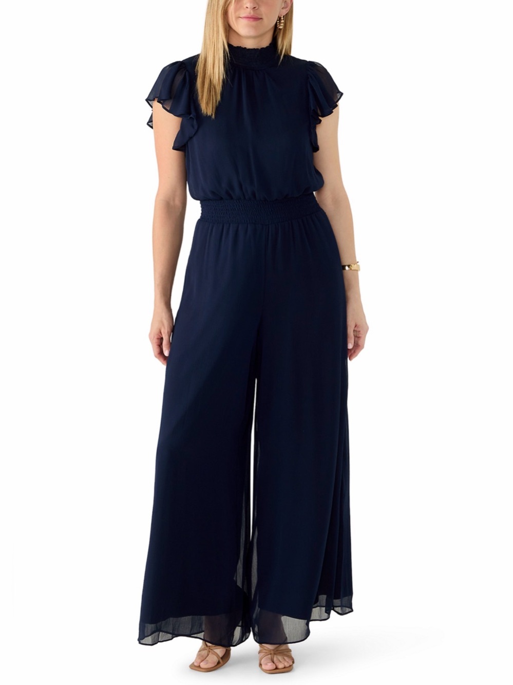 MSK Chiffon Smocked-Trim Flutter-Sleeve Wide-Leg Jumpsuit in Black, Size XL, NWT